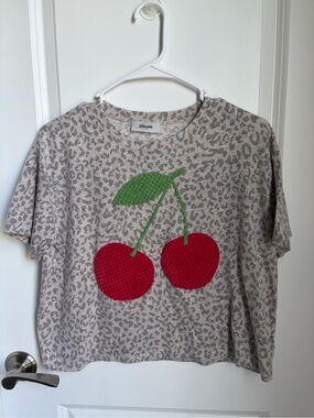 Beige Leopard Short Sleeve Tee with Red Cherry Appliqué